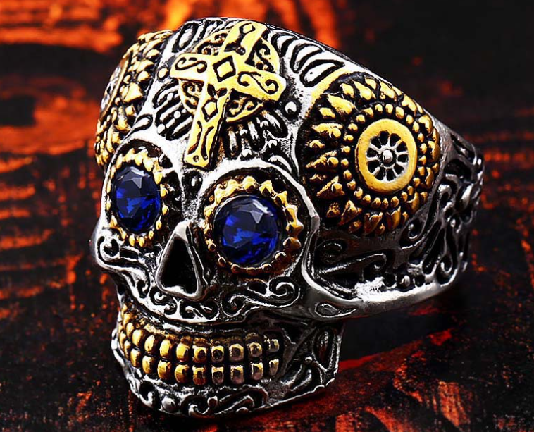 Titanium Steel Skull Cross Ring Side View