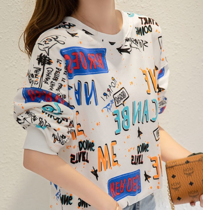 Harajuku Style Full Letter Polyester Loose Long-Sleeved Round Neck Sweater