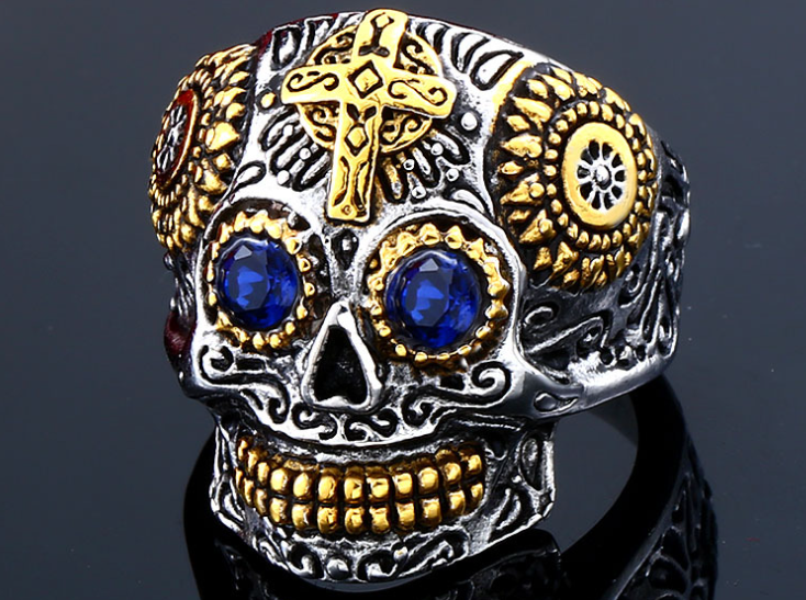 Titanium Steel Skull Cross Ring Back View