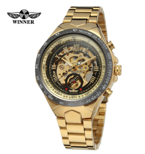 Mechanisch herenhorloge - Gouden schelp met zwarte wijzerplaat