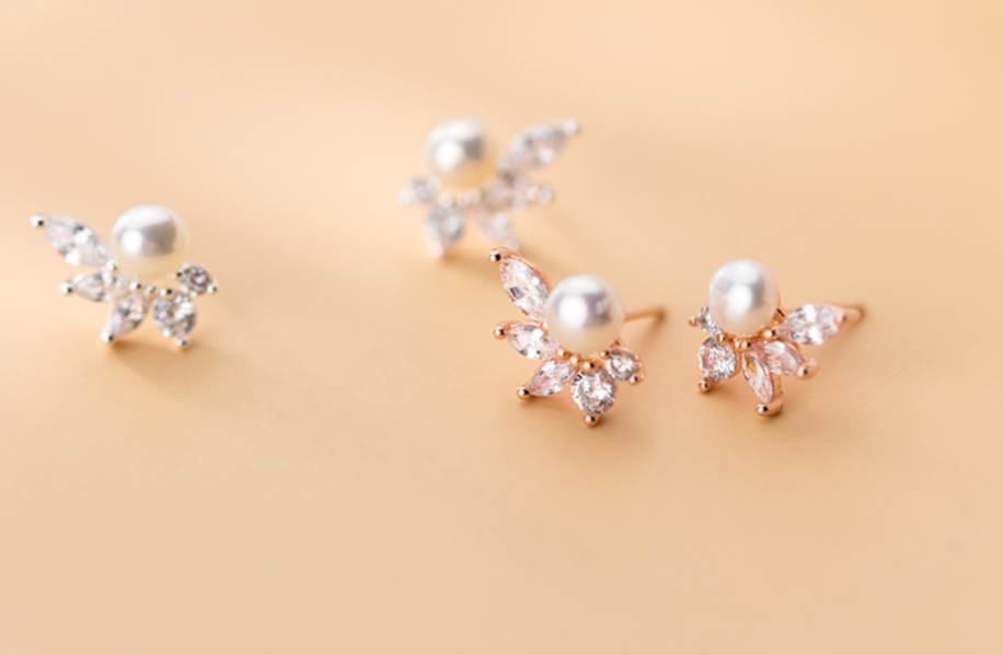 Pearl and Diamond Leaf Earrings