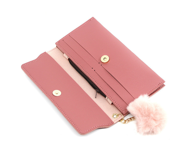 Fashion Ladies Long Hair Ball Bow Purse - Pink