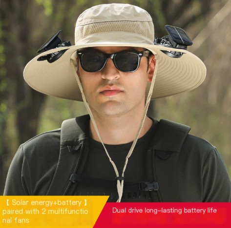 Long endurance lithium battery fan, solar charging, strong wind power, summer sun protection hat, men's sun protection fisherman hat, quick drying