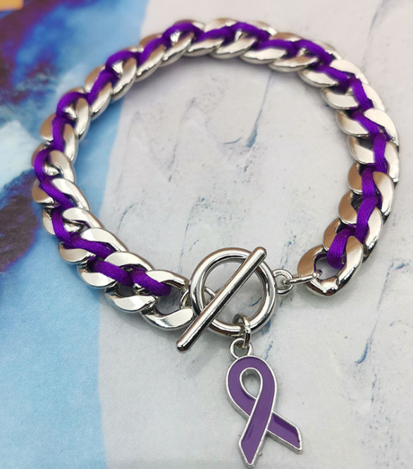 Purple Ribbon Awareness Charm Chain Bracelet