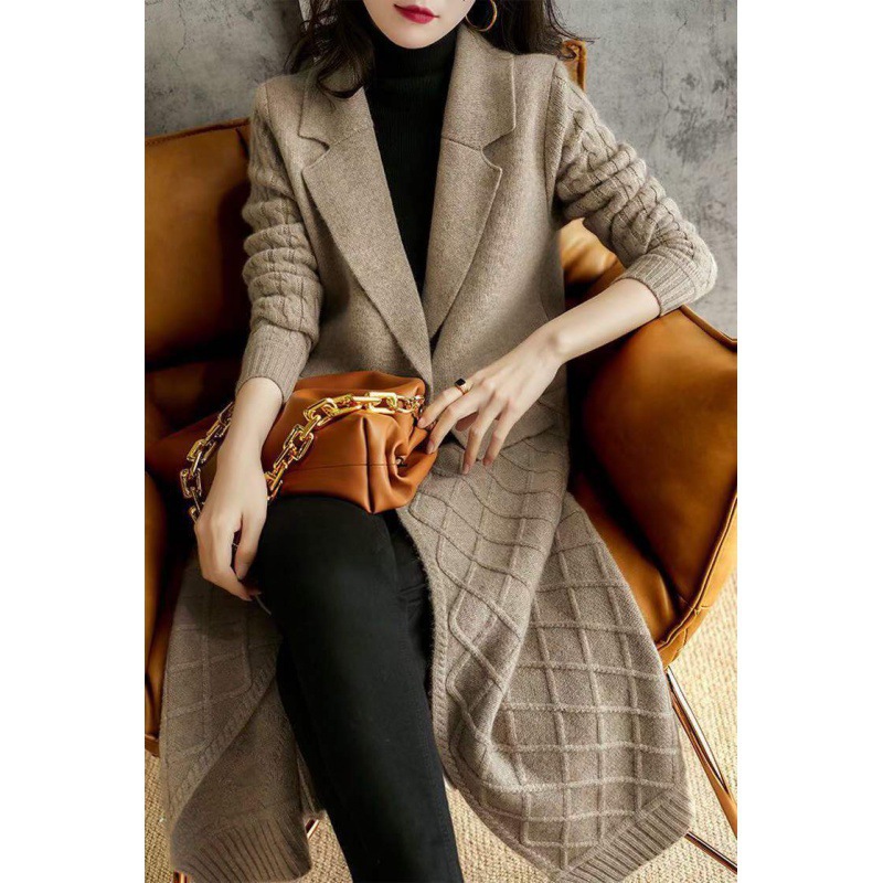 Solid Color Thickened Sweater Women's Coat - Khaki