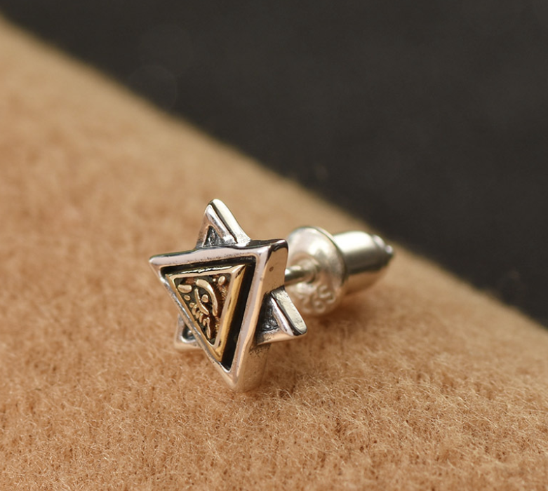 Vintage Men's God's Eye Double Layer Triangle Stud Earrings 2