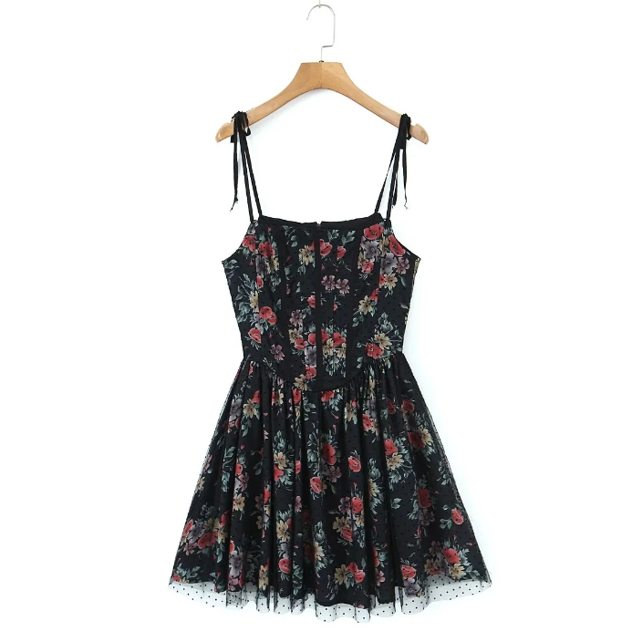Black Floral Print Tie-Up Corset Frill Mini Dress Image 3