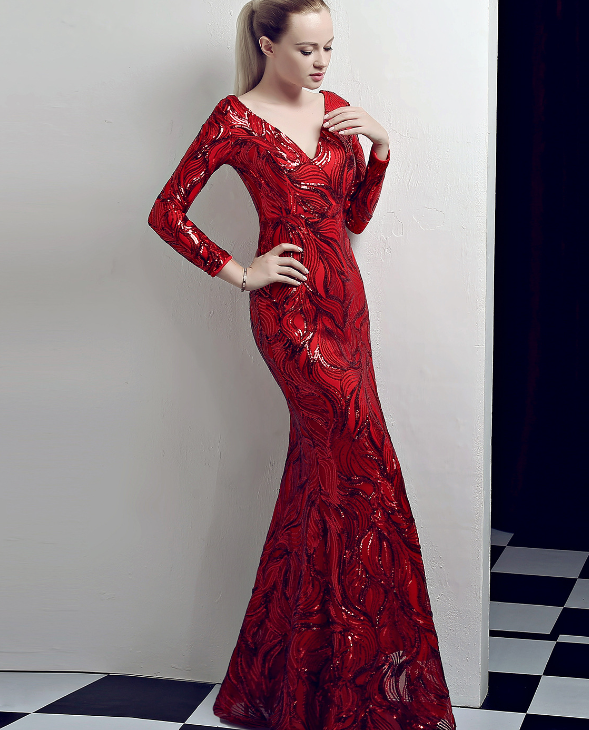 Deep V Long Sleeve Dress Image 1