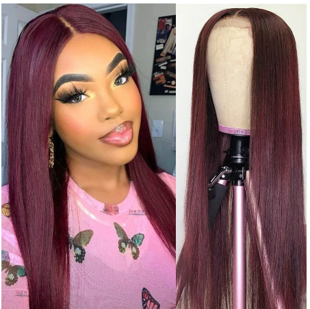 #99J-Burgundy Straight Human Hair 13x1 / 4x4 Lace Closure -T Part Lace Wigs