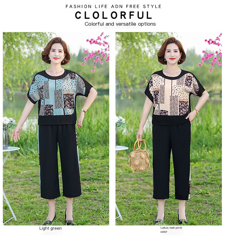 2023 Summer new short sleeve middle-aged and elderly suit female mother's wear plus size high waist cropped wide leg pants two-piece suit fashion