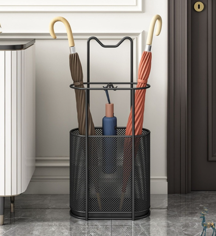 Metal Entrance Umbrella Stand With Cat Handle - Gold