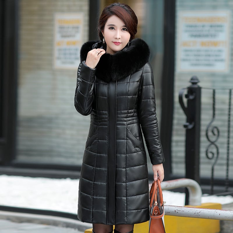 Middle-aged And Elderly Women's PU Leather Cotton Winter Coat image