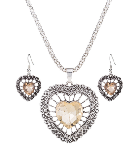 Heart Necklace and Crystal Earrings - Champagne Color