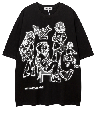Harajuku Cartoon Girl Cat T-Shirt in Black