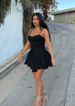 Lace Patchwork Satin Strap Dress - On Model