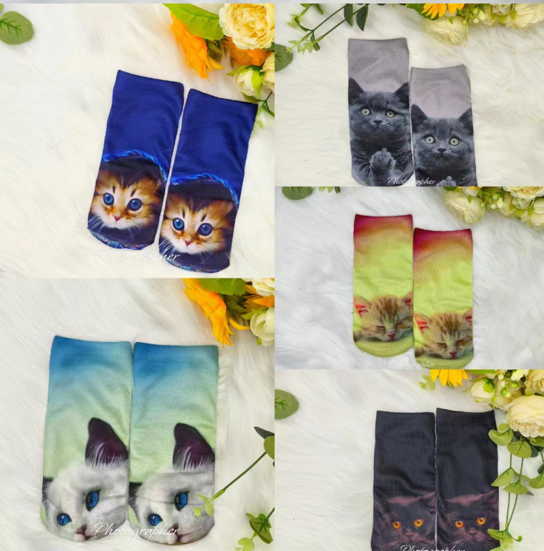 3D Cat Print Socks - Grey
