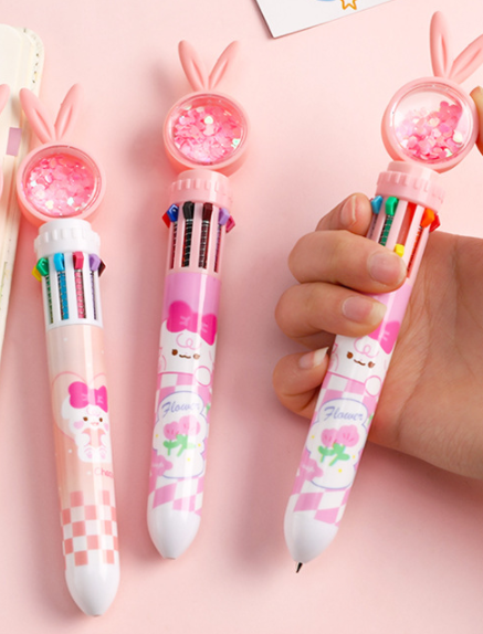 Creative Ten-color Ballpoint Pen Cartoon Sequins Rabbit Learning Office Stationery Multi-color Ballpoint Pen