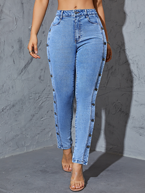 Blue Side Single-Breasted Button Denim Pants
