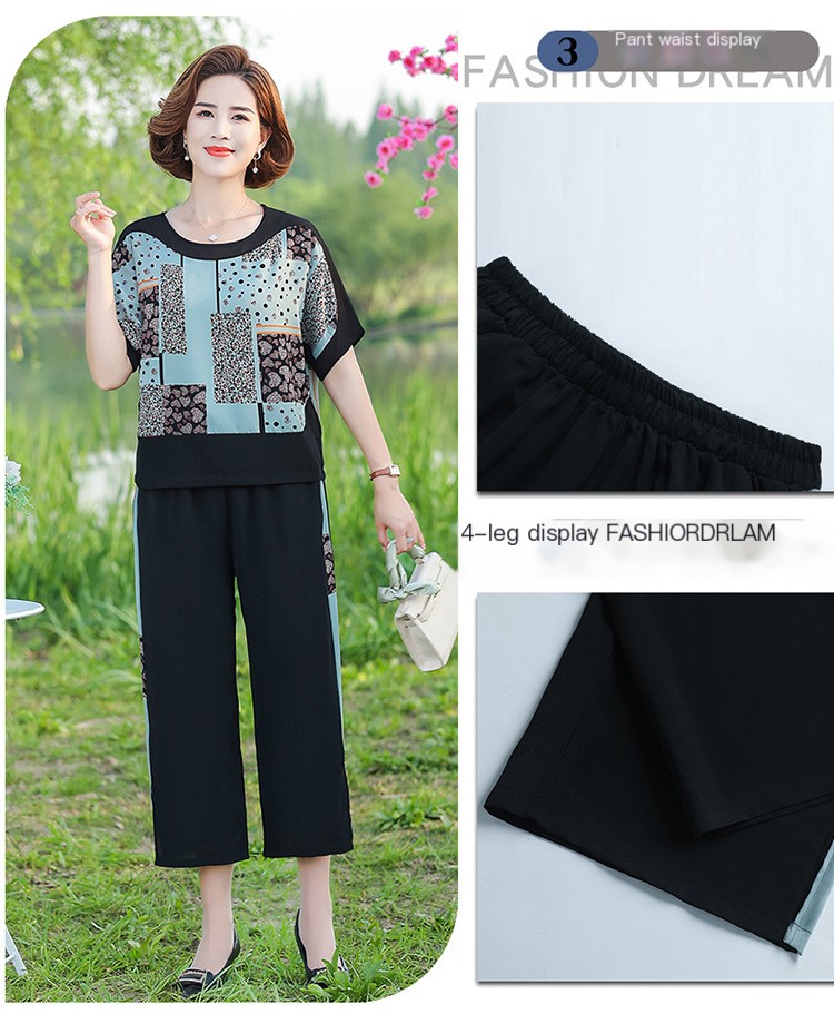 2023 Summer new short sleeve middle-aged and elderly suit female mother's wear plus size high waist cropped wide leg pants two-piece suit fashion