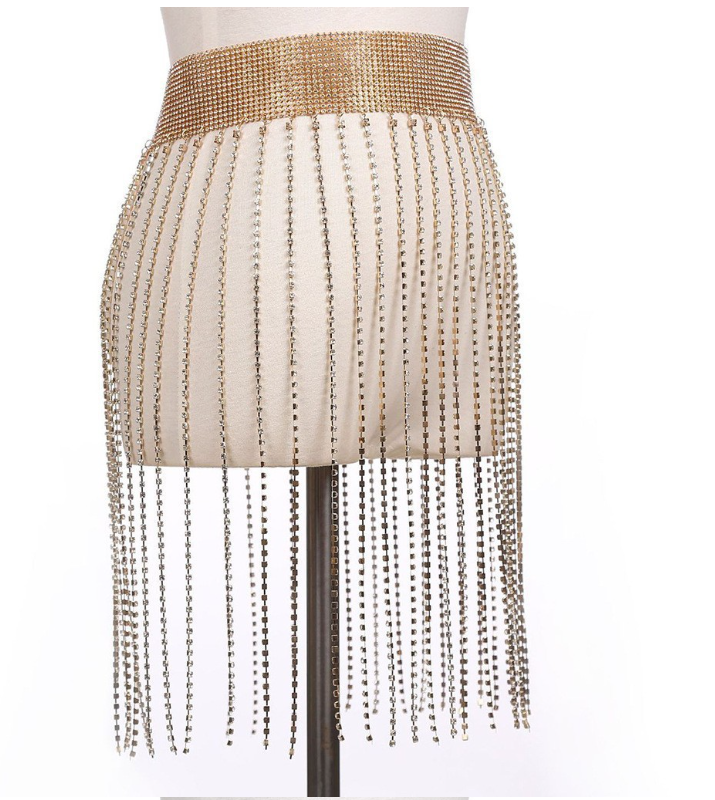Model Wearing Rhinestone Tassel Waist Chain
