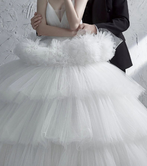 White Suspender Light Wedding Dress image 1