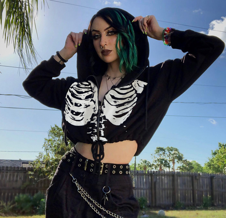 Gothic Drawstring Crop Hoodie Close-up