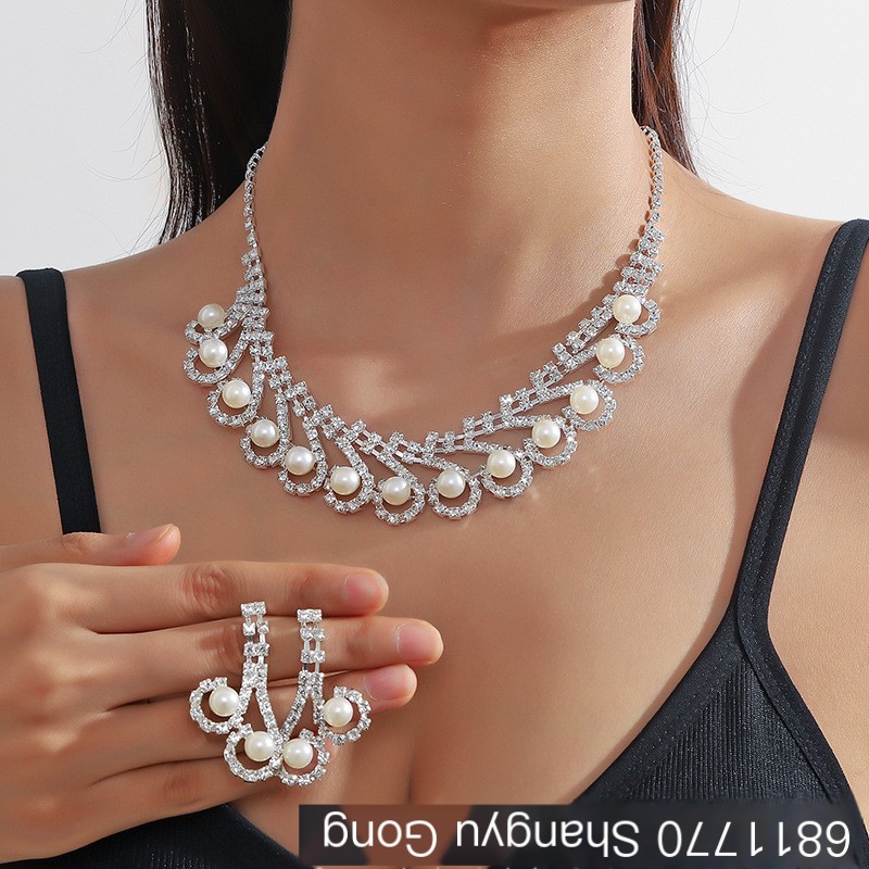 Exaggerated Pearl and Rhinestone Necklace and Earring Set
