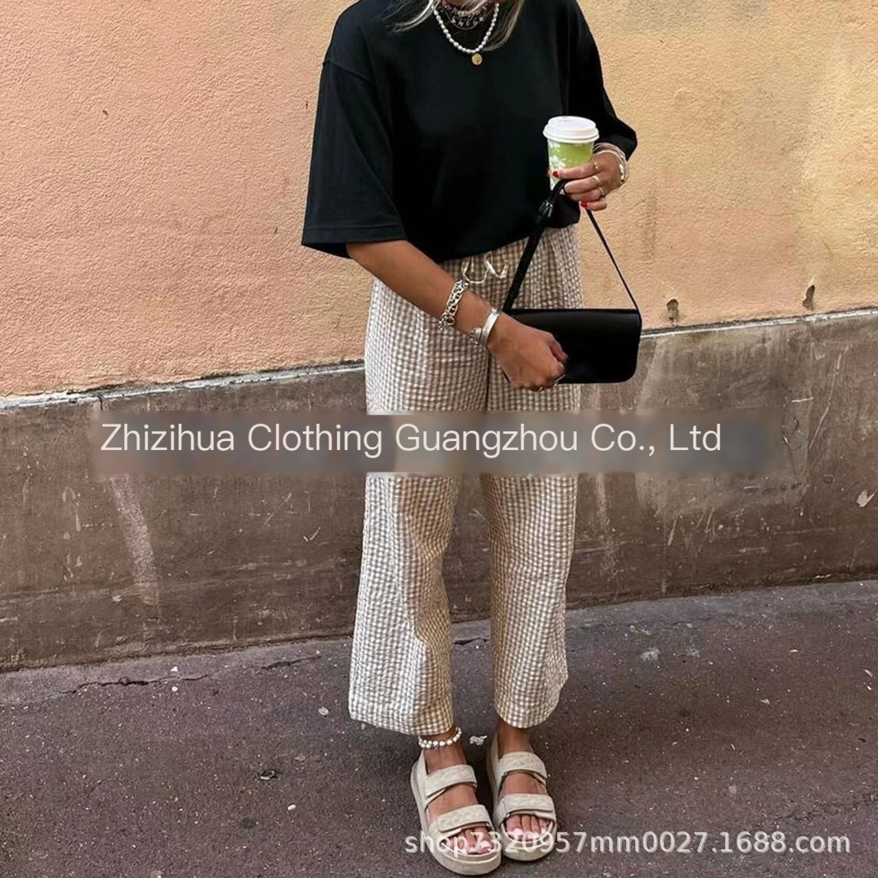 A woman in wide-leg pants