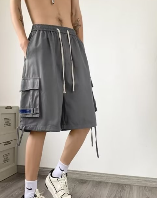 Men's Lace Panel Hollow Loose Drawstring Shorts Image 7