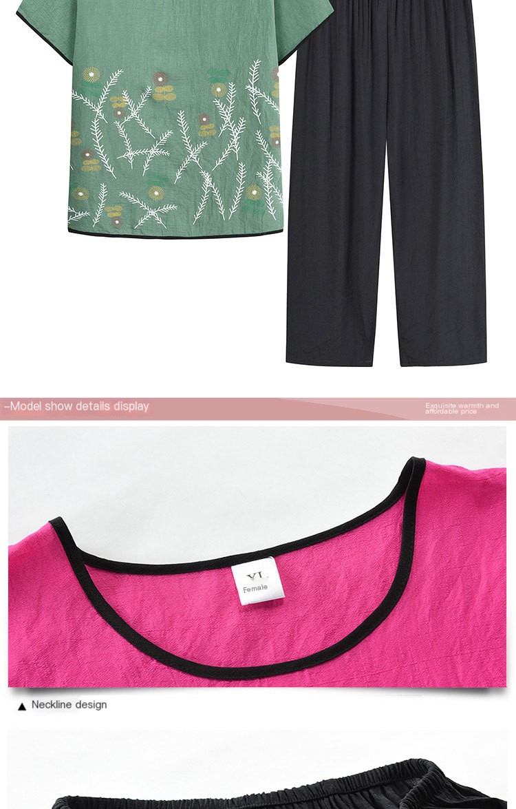 Middle-aged and Elderly Women's Summer Short-sleeved Suit Mother's Suit 60-year-old Printed Grandma's Top and Pants Two-piece Suit