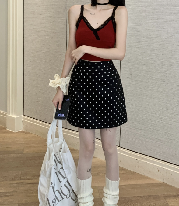 High-Waisted Denim Polka Dot A-Line Skirt - Image 6