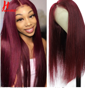 #99J-Burgundy Straight Human Hair 13x1 / 4x4 Lace Closure -T Part Lace Wigs image