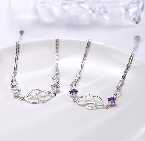 S925 Silver Heart Bracelet - Purple Amethyst