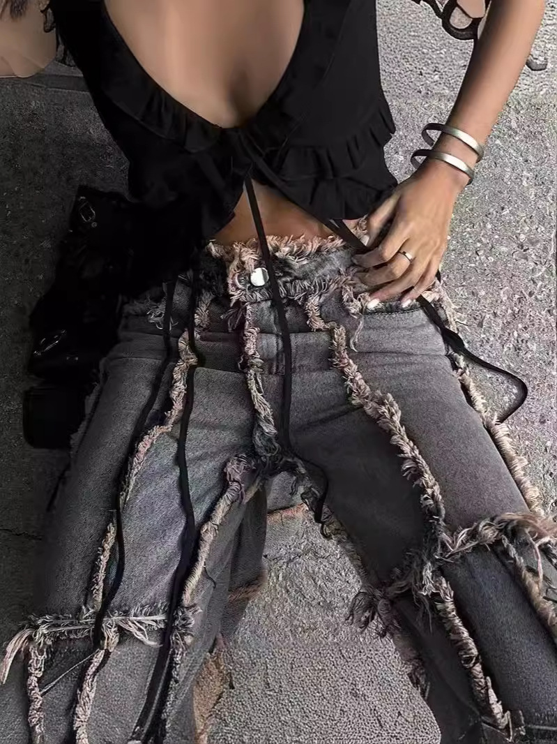 Fashion Ladies Gray Raw Edge Tie-Dye Jeans Image 1