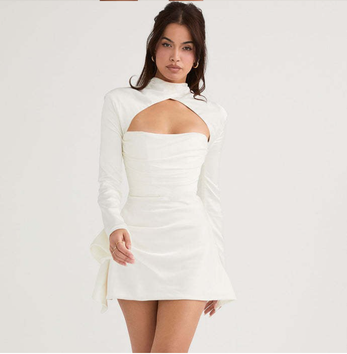 V-neck dress styled with accessories