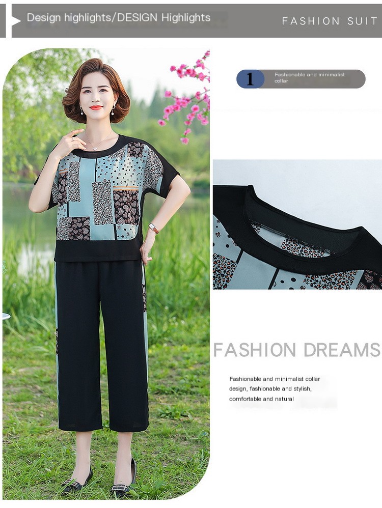2023 Summer new short sleeve middle-aged and elderly suit female mother's wear plus size high waist cropped wide leg pants two-piece suit fashion