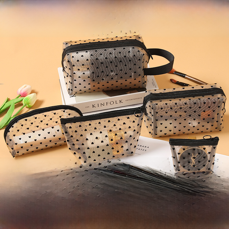 New Ins Love Flocking Powder Mesh Makeup Bag Girls' Heart Portable Washing Large Capacity Breathable Lipstick Trade image