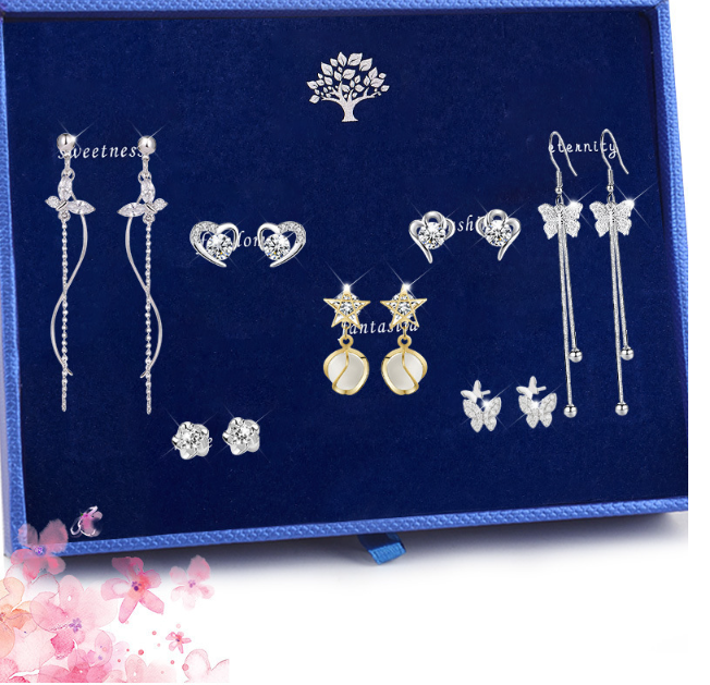 S925 Sterling Silver Suit Female Combination Exquisite Fashion Long Bow Earrings