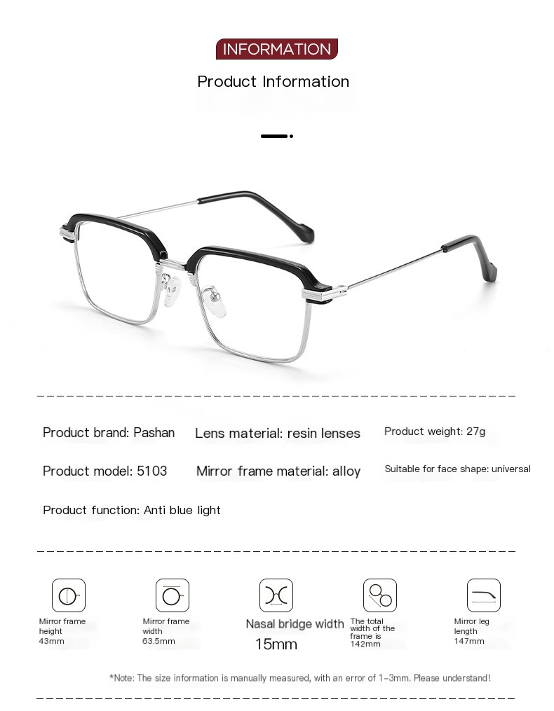 Square Metal Anti-Blue Light Reading Glasses