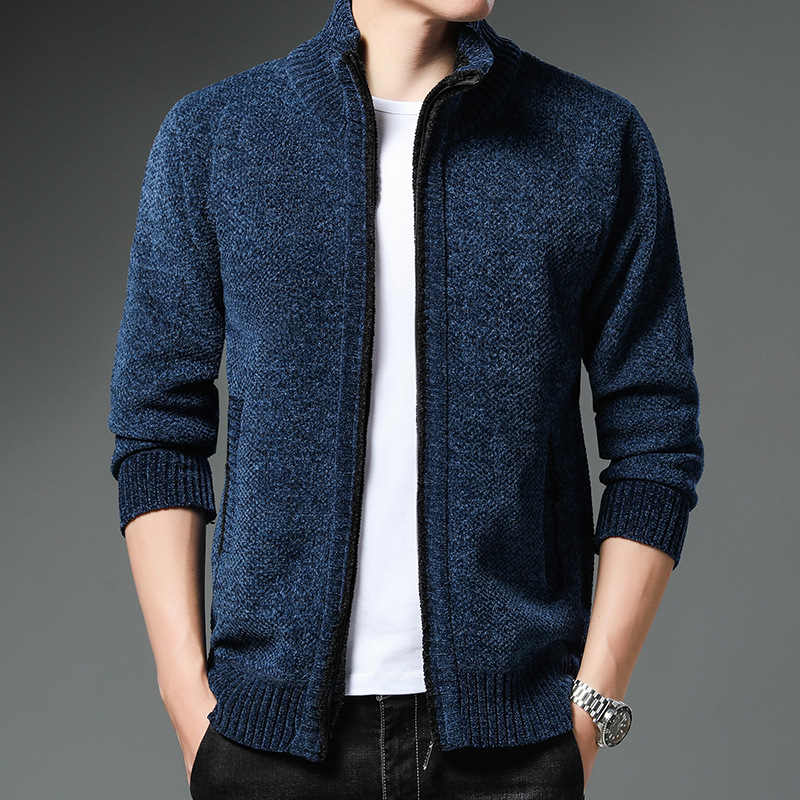 Men's solid color cardigan spring and autumn thick trendy chenille sweater image