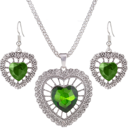 Heart Necklace and Crystal Earrings - Light Green