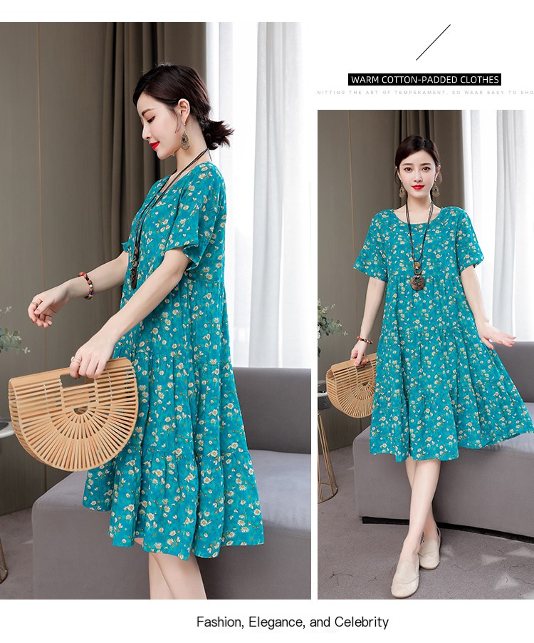Mom Loose Slim Floral Cotton Silk Dress Summer Dress 2023 New Women's Short Sleeve Stylish Fashion Elegant