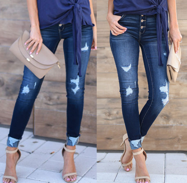 Pin buckle slim fit jeans