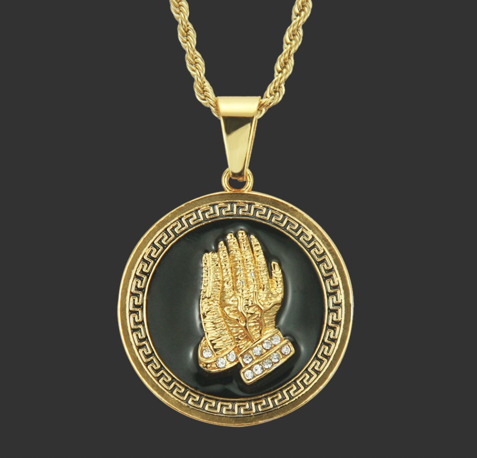 Round Pendant Oil Painting Hand Prayer Necklace - Gold