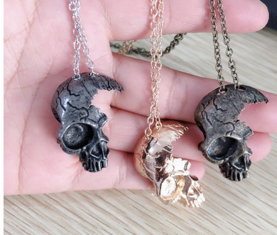 Half-face Skull Necklace - Vintage Silver
