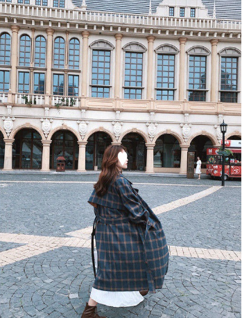 French Green Plaid Woolen Coat Image 2