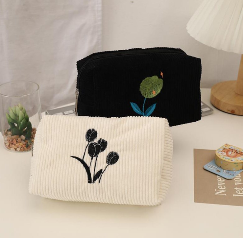 Black Tulip Embroidery Makeup Bag