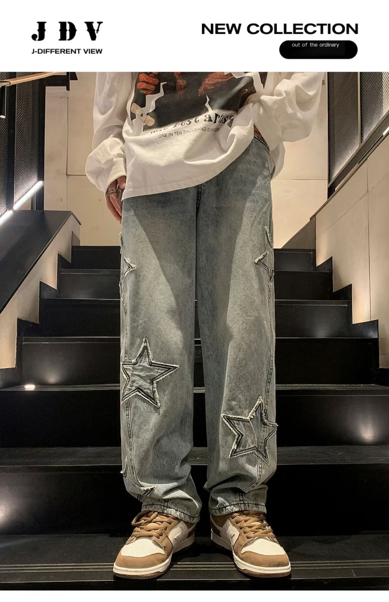 Y2K Vintage Men Korean Blue Streetwear Oversize Star Aesthetic Straight Trousers Wide Leg Jeans Grunge Denim Pants Women Clothes