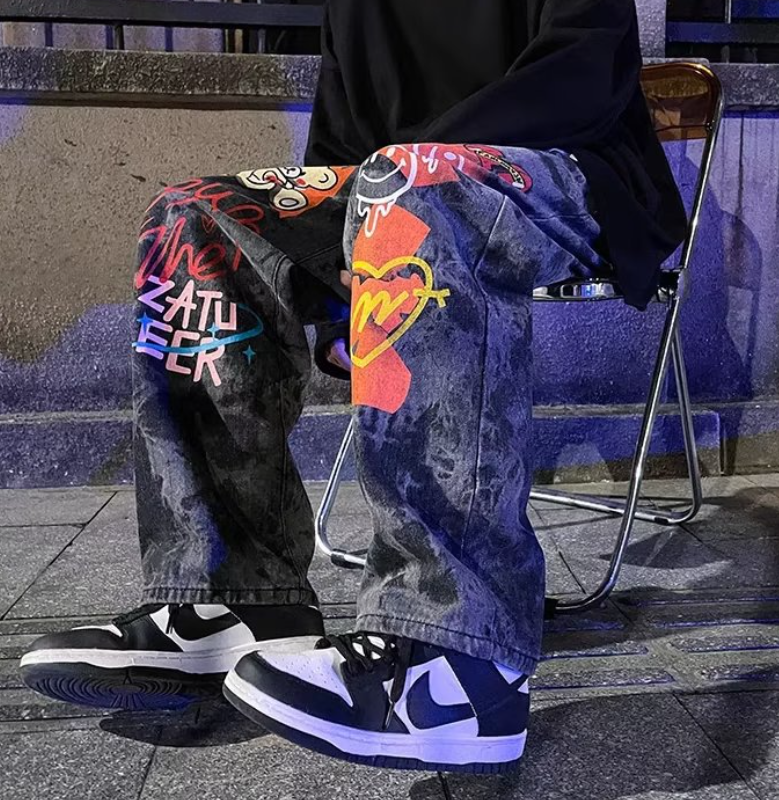 Graffiti Print Black Vintage Denim Pants