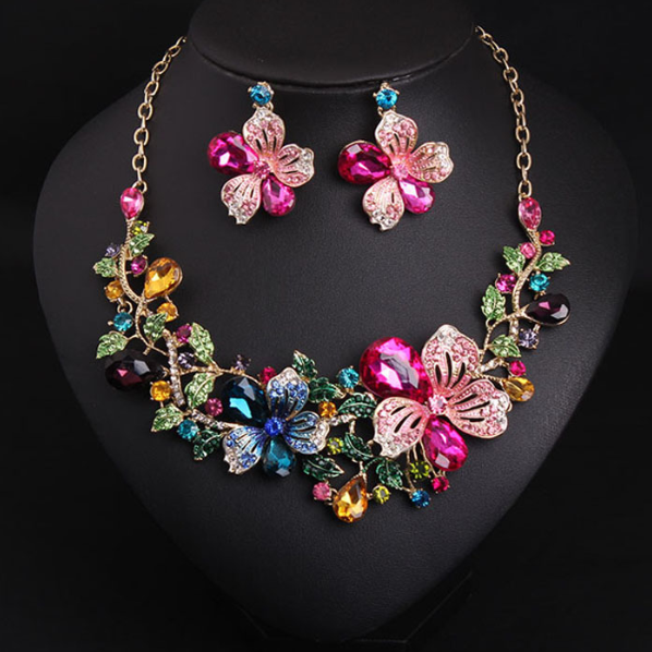 Colorful Floral Crystal Diamond Necklace and Earring Set